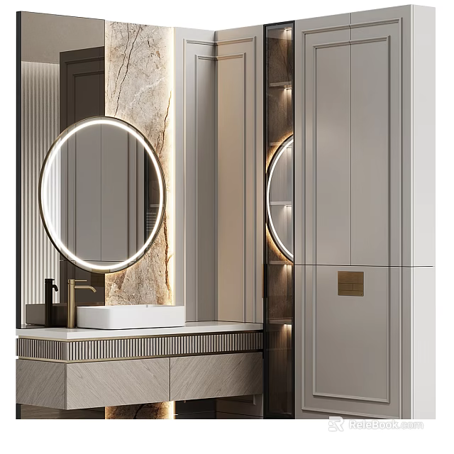 Elegant Modern Bathroom Interior Design With Round Backlit Mirror And Marble Vanity Top 3d model 