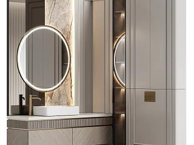 Elegant Modern Bathroom Interior Design With Round Backlit Mirror And Marble Vanity Top 3d model