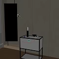 Elegant White Carnation in White and Green Vase on White Cabinet with Blue Items and Hanging Lamp