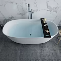 White Freestanding Bathtub In Modern Bathroom With Marble Wall Wooden Stool And Toiletries