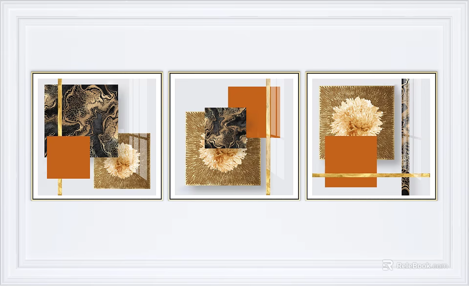 Elegant Modern Abstract Paintings With Golden Frames Orange Black Geometric Shapes And Floral Elements 3d model 