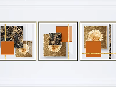 Elegant Modern Abstract Paintings With Golden Frames Orange Black Geometric Shapes And Floral Elements 3d model
