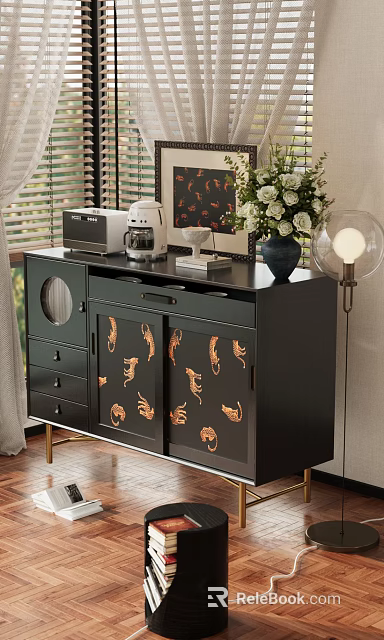 Black Sideboard With Golden Animal Designs Coffee Machine Vase Flowers And Floor Lamp 3d model 