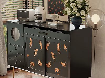 Black Sideboard With Golden Animal Designs Coffee Machine Vase Flowers And Floor Lamp 3d model