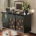 Black Sideboard With Golden Animal Designs Coffee Machine Vase Flowers And Floor Lamp