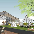 Garden Landscape Featuring White Tents Lawn Seating And Modern Building With Trees