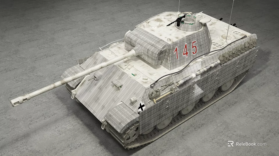 Gray Military Tank With Grid Pattern Number 145 Black Cross And Armored Exterior 3d model 
