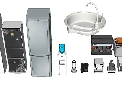 Modern Sink And Home Appliances Including Water Dispenser Refrigerator Coffee Machine 3d model