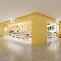 Bright Yellow Shopping Mall Store Entrance with Shelves Products and Shopping Carts