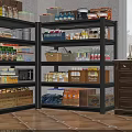 Black Metal Shelving Unit Filled With Canned Goods Bottled Drinks Storage Boxes In Kitchen Pantry