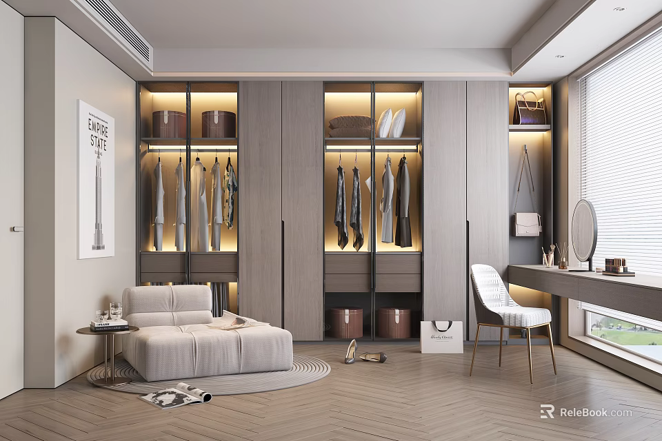 Modern Walk-in Closet Interior Design With Cabinets Hanging Areas Sofa And Wooden Floor 3d model 