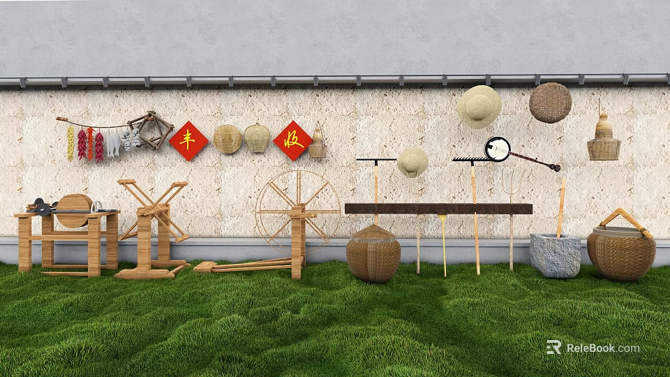 Industrial Equipment Display With Traditional Tools Windmill And Green Grass Setting 3d model 