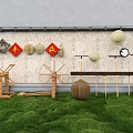 Industrial Equipment Display With Traditional Tools Windmill And Green Grass Setting
