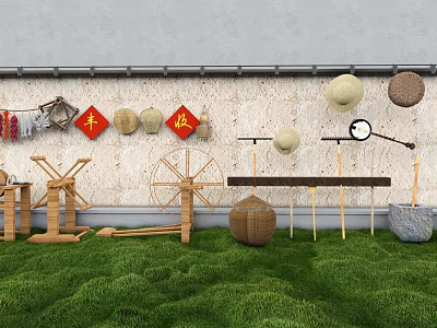 Industrial Equipment Display With Traditional Tools Windmill And Green Grass Setting 3d model