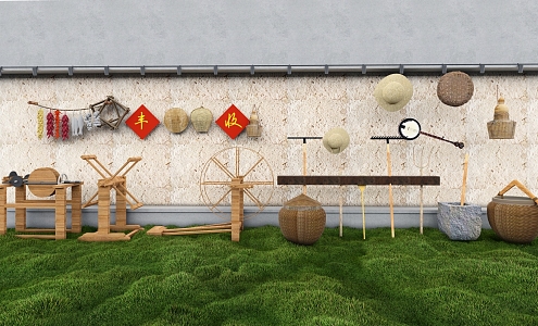 Country farming sketches farm ornaments farmhouse entertainment threshing machine cart plough basket frame stone mill 3d model