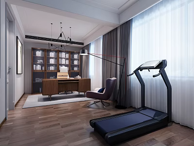 Modern Functional Home Study Interior With Wooden Desk Bookshelf Lounge Chair And Indoor Treadmill 3d model