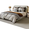 Modern Double Bed With Upholstered Headboard Pillows Bedspread And Bedside Lamps On Plush Rug
