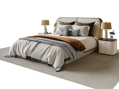 Modern Double Bed With Upholstered Headboard Pillows Bedspread And Bedside Lamps On Plush Rug 3d model