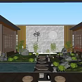 Zen Courtyard Garden With Stone Path Lush Green Plants Pond And Circular Moon Wall
