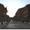 Ancient Chinese Architecture Street Scene Featuring Wooden Structures Tile Roofs Stone Paved Road And Pedestrians