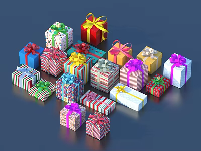 Colorful Decorative Gift Boxes With Various Wrapping Papers And Bows 3d model