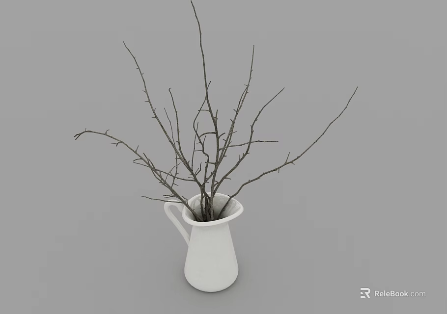 White Pitcher Vase With Bare Branches On Neutral Gray Background 3d model