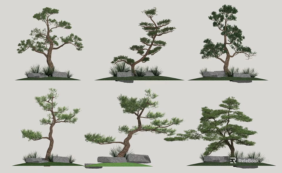 Variously Shaped Landscape Trees With Curved Trunks And Stone Grass Decorations 3d model 