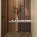 Modern Foyer Hallway With Wooden Wall Marble Console And Pendant Lights