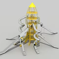 Rocket Shaped Playground Structure With Multiple Silver Slides And Yellow Top 3d model