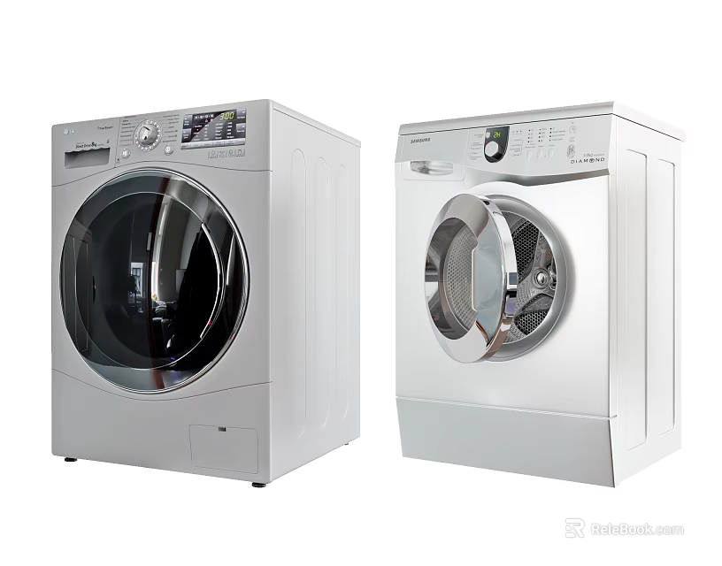 Two Modern White Washing Machines With Sleek Front Panel Design And Control Dials 3d model