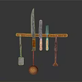 Kitchen Utensils Set Hanging On Wooden Rack With Knife Fork Spoon And Spatula