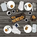 Breakfast Food Spread With Pancakes Blueberries Honey Coffee And Utensils On Wooden Table