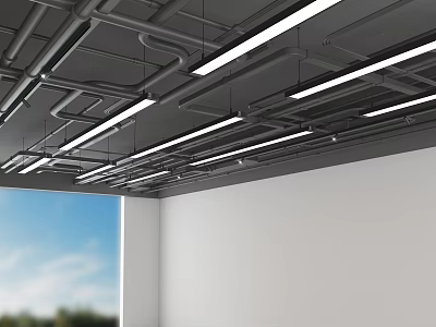 Gray Ceiling with Metal Pipes and Linear Light Strips Near Window Blue Sky and Trees 3d model