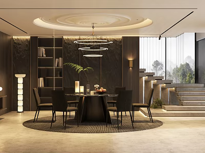 Modern Restaurant Interior With Round Dining Table Black Chairs And Circular Pendant Lights 3d model