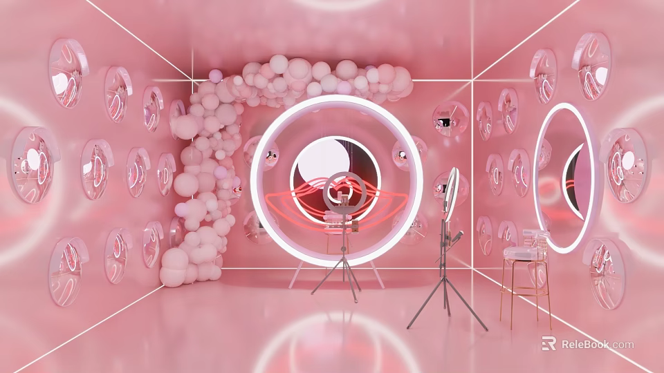 Pink Public Office Space Featuring Balloons Circular Decorations Mirrors Tripod Microphone And Chairs 3d model 