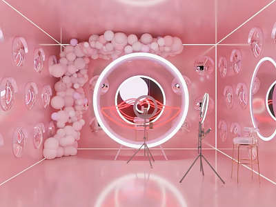 Pink Public Office Space Featuring Balloons Circular Decorations Mirrors Tripod Microphone And Chairs 3d model