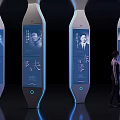 Public Information Display Screens With Vertical Design Black White Photos Chinese Characters And People Viewing