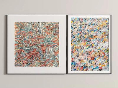 Two Framed Abstract Artworks With Wavy Lines And Colorful Collage Patterns 3d model