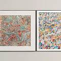 Two Framed Abstract Artworks With Wavy Lines And Colorful Collage Patterns