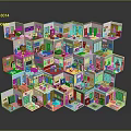 Colorful Stacked Hexagonal Room Models Featuring Various Interior Designs And 3D Structure