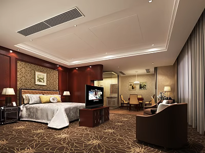 Luxurious Hotel Guest Room With King Bed TV Sofa Decorative Painting And Patterned Carpet 3d model