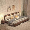 Cozy Bedroom Interior With Wooden Headboard Pillows Checkered Blanket String Lights Nightstands Paintings Green Plant