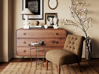 Modern Wooden Entryway Console Cabinet And Sideboard With Drawers Table Lamp Sculpture And Rug 3d model