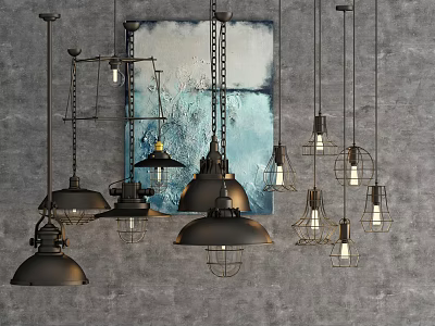 Vintage Industrial Style Metal Pendant Lights With Wire Cage Design Hanging On Gray Wall 3d model