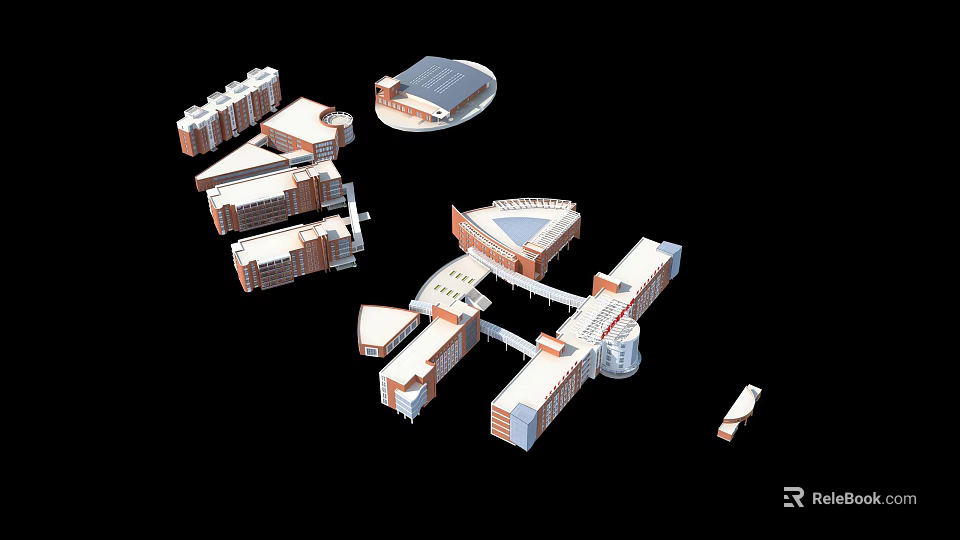 Modern School Buildings Layout With Connected Classroom And Circular Gymnasium Structures 3d model