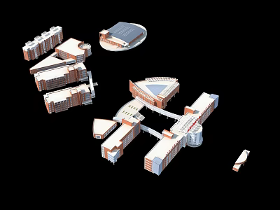 Modern School Buildings Layout With Connected Classroom And Circular Gymnasium Structures 3d model