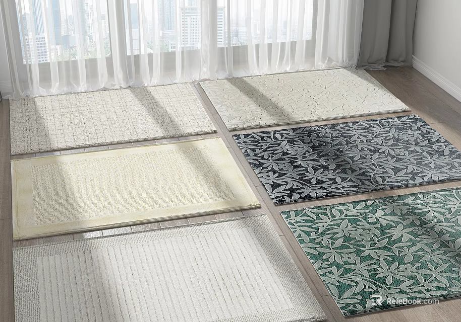 Textured Square Rugs In Various Colors And Patterns On Bright Floor With Natural Light 3d model 