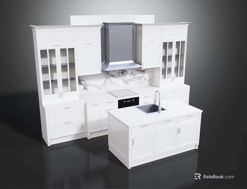 White Kitchen Cabinets With Marble Countertop Sink And Range Hood Design 3d model 