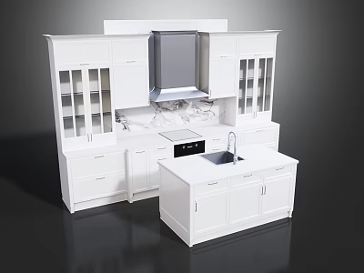 White Kitchen Cabinets With Marble Countertop Sink And Range Hood Design 3d model
