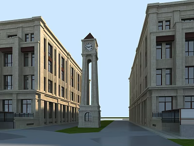 Traditional Clock Tower Standing Between Two Classical Stone Buildings With Clock 3d model